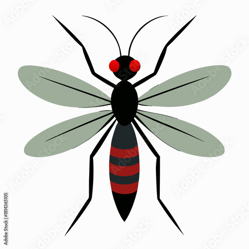 Stylized illustration of a mosquito with red eyes and striped body isolated on white background isolated on transparent background