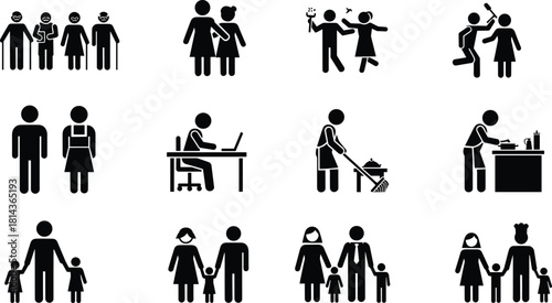 Family and relationship icon set featuring parents, children, elders, work activities, chores and daily life scenes in simple black pictogram style