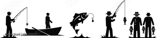 Fishing silhouette set featuring anglers, boat fishing, jumping fish, big catch moments and outdoor hobby scenes in clean black vector illustration