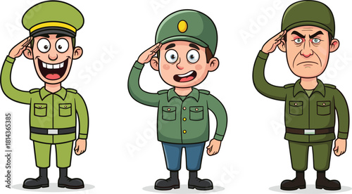 Cartoon military soldiers saluting in green uniforms, army officer characters vector illustration for defense, security, training, discipline, war, and protection.