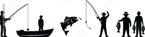 Fishing silhouette collection featuring anglers catching fish, boat fishing, big catch moments and outdoor hobby scene in black vector design