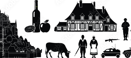 French culture and history illustration with castle, farmhouse, wine, food, farmer, cow, soldier, and military vehicle silhouette