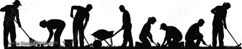 Gardening workers silhouette set showing raking, digging, planting, wheelbarrow work and outdoor maintenance tasks in detailed black vector illustration