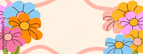 Cute flower balloon banner. Background for children party with empty space for text. Fun kids design for birthday card, invitation, nursery decor or celebration poster. Vector illustration