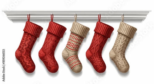 Festive christmas stockings hanging on a white mantelpiece ready for santa to fill with gifts and treats