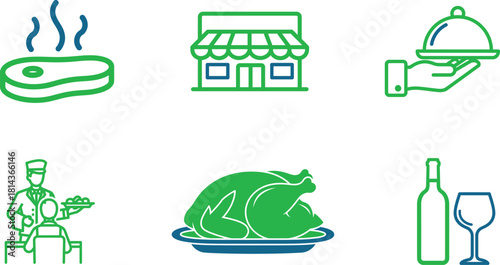 Restaurant Icon Set Presenting Various Culinary Experiences and Dining Scenarios Vector Illustration in Fresh Green and Blue Color Palette