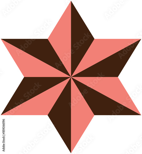 Illustration of six pointed star shape geometric design in pink and brown color