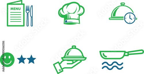 Restaurant icons depicting menu service cooking delivery and customer satisfaction showing menu card with cutlery and chefs hat restaurant service icon set flat vector