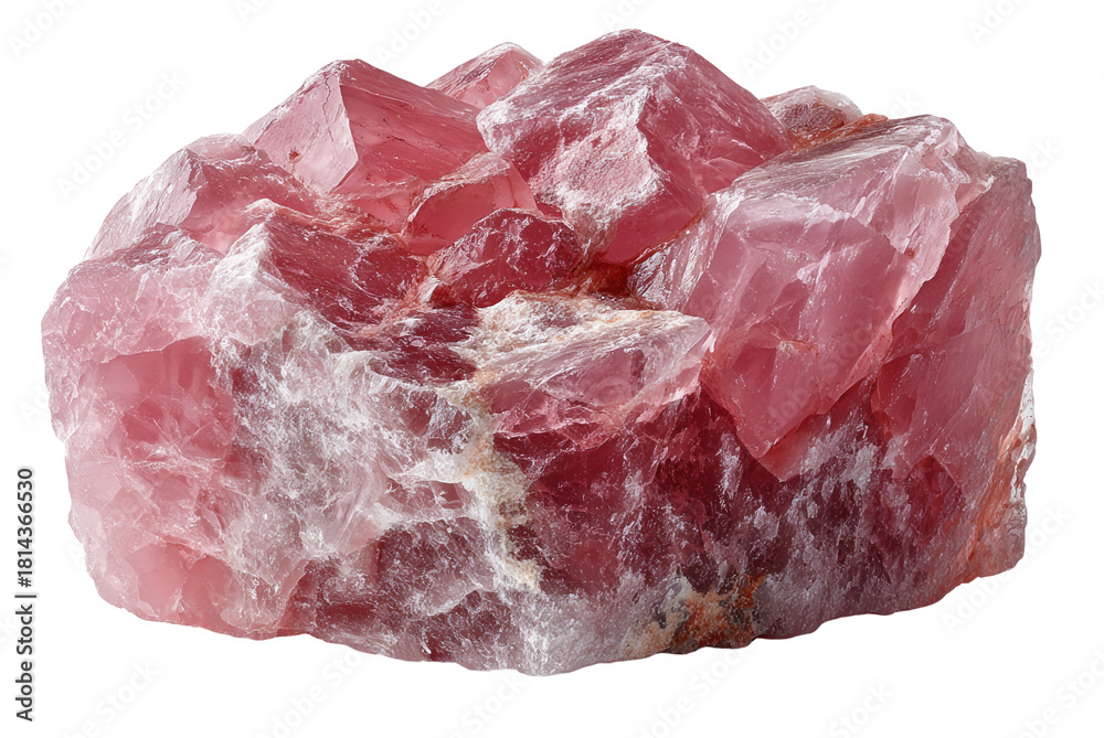 Obraz premium Rhodochrosite Crystal Formation: A close-up showcases a raw, vibrant rhodochrosite crystal, a stunning specimen prized for its rich, rose-pink hue and intricate crystalline structure.