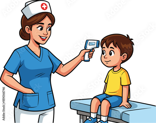 Cartoon nurse checking temperature of smiling young boy with digital thermometer in hospital clinic, healthcare illustration for medical care concept.