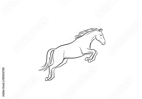 Elegant Black and White Line Art of a Horse Leaping with Flowing Mane and Tail