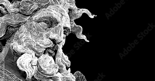 Classic line art illustration of the Greek god Zeus with flowing hair and beard, set against a black background