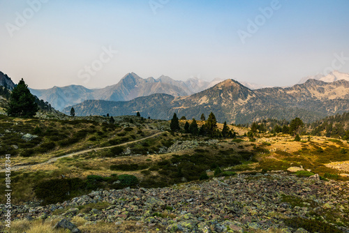 Sunrise panorama of the mountains, including Pic de Néouvielle, between Col de Portet and Refuge du Bastan
