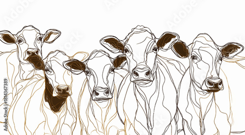 Group of cattle looking directly at the viewer with minimalist line art illustration