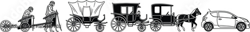 Historical evolution of transportation showing ancient carts, horse-drawn carriages and modern car in detailed black vector illustration timeline concept