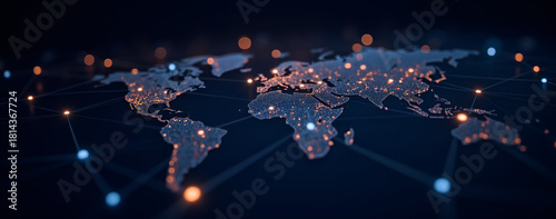 Digital world map with glowing connections and network nodes  
