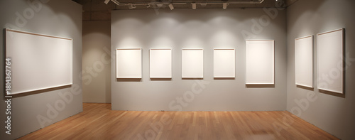 Empty art gallery with blank frames on walls and wooden flooring  