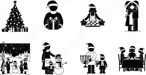 Holiday family celebration silhouettes with Christmas tree, gift giving, baking, winter snowman scene, Hanukkah candles, festive dinner, seasonal black icon set