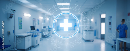 Hospital corridor with medical professional and health symbols  