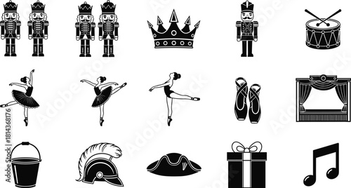 Nutcracker soldier and ballerina silhouette icon set with crown, drum, stage, shoes, gift, bucket, music note, holiday design