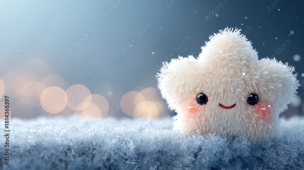 Fototapeta premium A cute, fluffy star character smiles against a snowy backdrop, evoking a whimsical and joyful atmosphere with soft bokeh lights, Christmas background with doodles