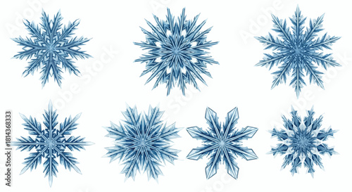 Seven intricate blue snowflakes displayed against a stark white background in a detailed arrangement