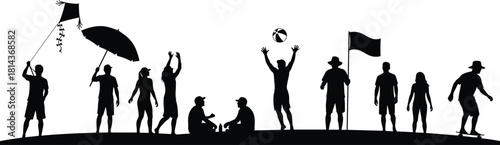 Outdoor people silhouette group enjoying kite flying, beach games, relaxing, walking and skateboarding in detailed black vector scene
