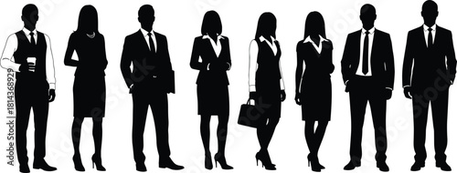 Professional business people silhouette group in formal office attire showing corporate team standing poses in clean black vector illustration