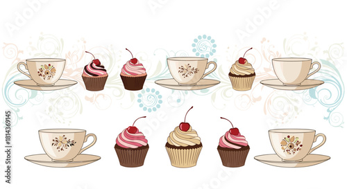 A charming vintage illustration of teacups and cupcakes adorned with cherries and floral patterns.
