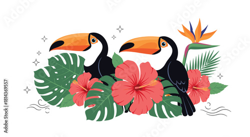 Two toucans amidst lush tropical foliage with hibiscus and bird of paradise flowers.