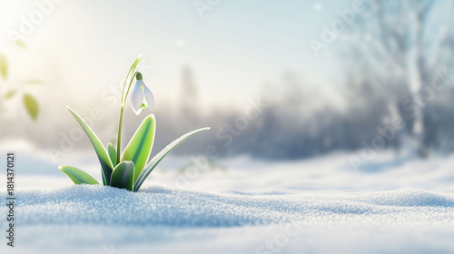 A delicate snowdrop flower emerging from a snowy landscape.