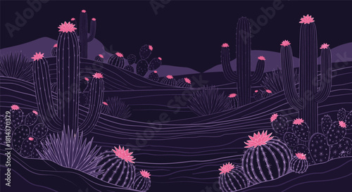 A dark desert landscape with saguaro cacti and other desert plants in bloom.