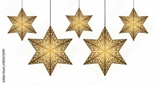 Five ornate six pointed star lanterns hanging from the ceiling with a white background in a horizontal view