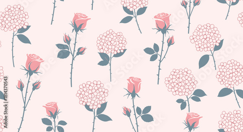 Seamless pattern of pink roses and hydrangeas on a pale pink background.