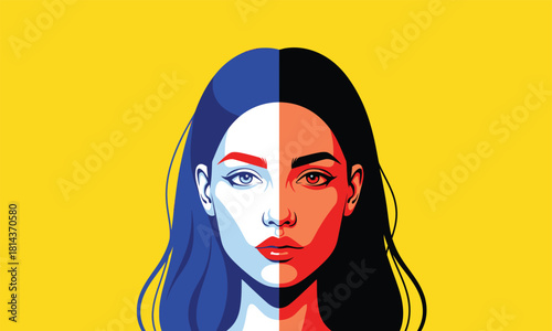 Pop Art Style Woman Portrait on Yellow Background. Stylized Face Split with Blue and Red Light for Contrast, Beauty, Identity, and Dualism.