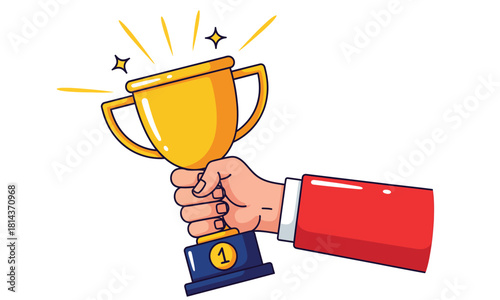 Hand Holding Up Shiny Golden Trophy Cup. Cartoon Illustration of Winner Celebrating Success, Achievement, Victory, and First Place Award.