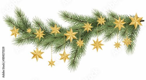 Festive christmas garland with green pine branches and golden star ornaments hanging down elegantly