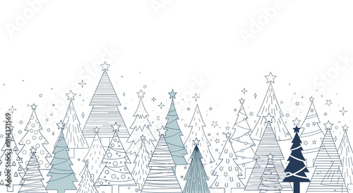 A line of festive Christmas trees with stars and snow dots in a sketchy style.