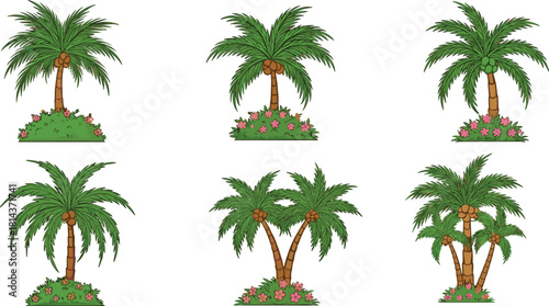 Cartoon palm trees with coconuts, tropical island landscape, summer nature scene, green foliage, floral base, vector illustration for kids