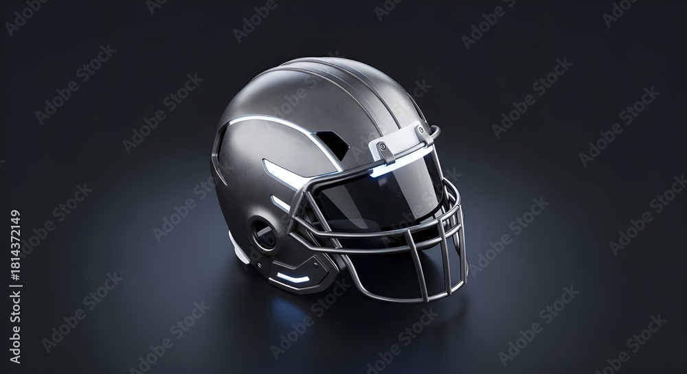 Fototapeta premium Futuristic Sci-Fi Protective Helmet Description: A sleek, futuristic protective helmet with metallic surfaces, integrated LED lighting, and a modern visor design