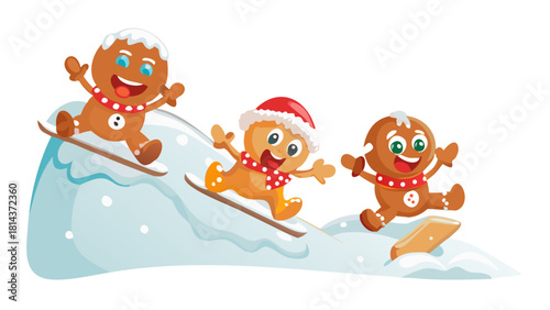 Cartoon gingerbread kids sliding down a marshmallow snow hill