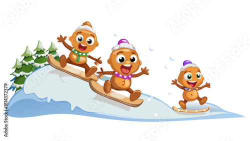 Cartoon gingerbread kids sliding down a marshmallow snow hill