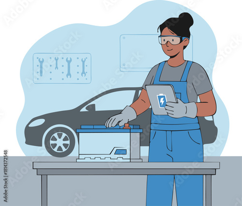 Flat vector illustration of a woman auto mechanic in PPE inspecting an battery on a workbench while using a tablet. Generic car background, clean workshop scene.
