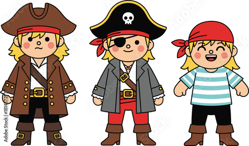 Cartoon Pirate Characters in Colorful Costumes for Kids Entertainment, Adventure Theme, Educational Design, Storytelling, and Creative Illustration Concepts