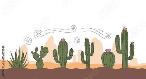 Desert landscape with various cacti and rock formations under a windy sky.