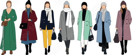 Trendy women winter fashion illustration featuring stylish coats, scarves, handbags and modern outfits in clean flat vector design for seasonal themes