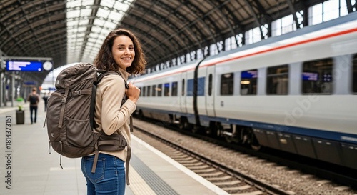 Happy young woman with a large backpack standing on a train station platform, ready to travel. High-speed train in background