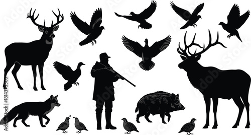Wildlife hunting silhouette collection featuring deer, hunter, fox, boar and flying birds in detailed black vector design for outdoor themes