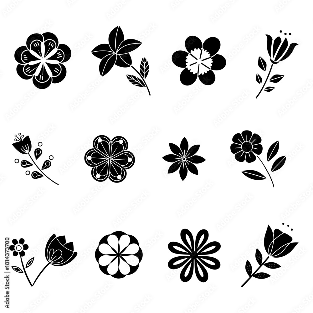 Fototapeta premium Hand-Drawn Floral Silhouette Set – Botanical Leaves & Wildflower Illustrations.