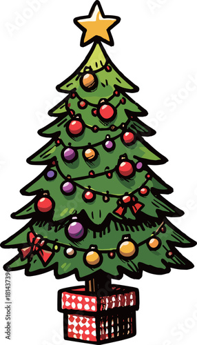 オーナメントのたくさんついたクリスマスツリーのイラスト